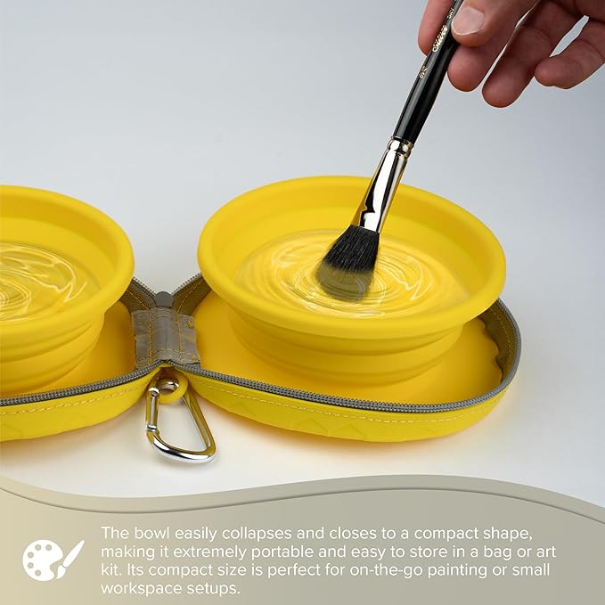 Yellow Collapsible Silicone Double Water Bowl Zip Case 450ml by Silver Brush - Honey Bee Stamps