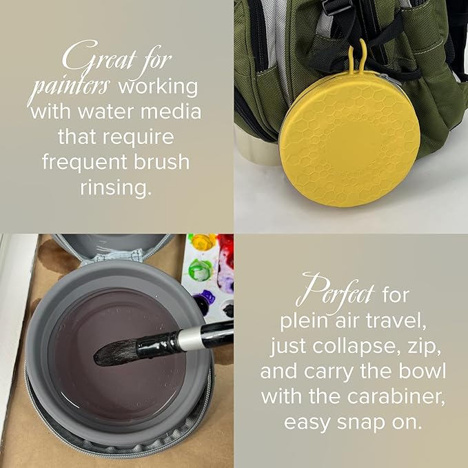 Yellow Collapsible Silicone Double Water Bowl Zip Case 450ml by Silver Brush - Honey Bee Stamps