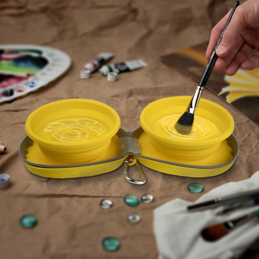 Yellow Collapsible Silicone Double Water Bowl Zip Case 450ml by Silver Brush - Honey Bee Stamps