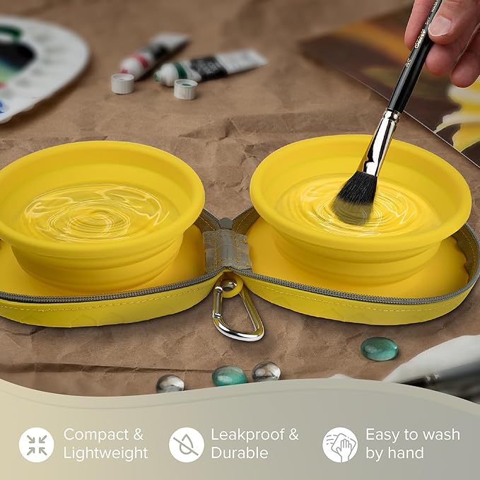 Yellow Collapsible Silicone Double Water Bowl Zip Case 450ml by Silver Brush - Honey Bee Stamps