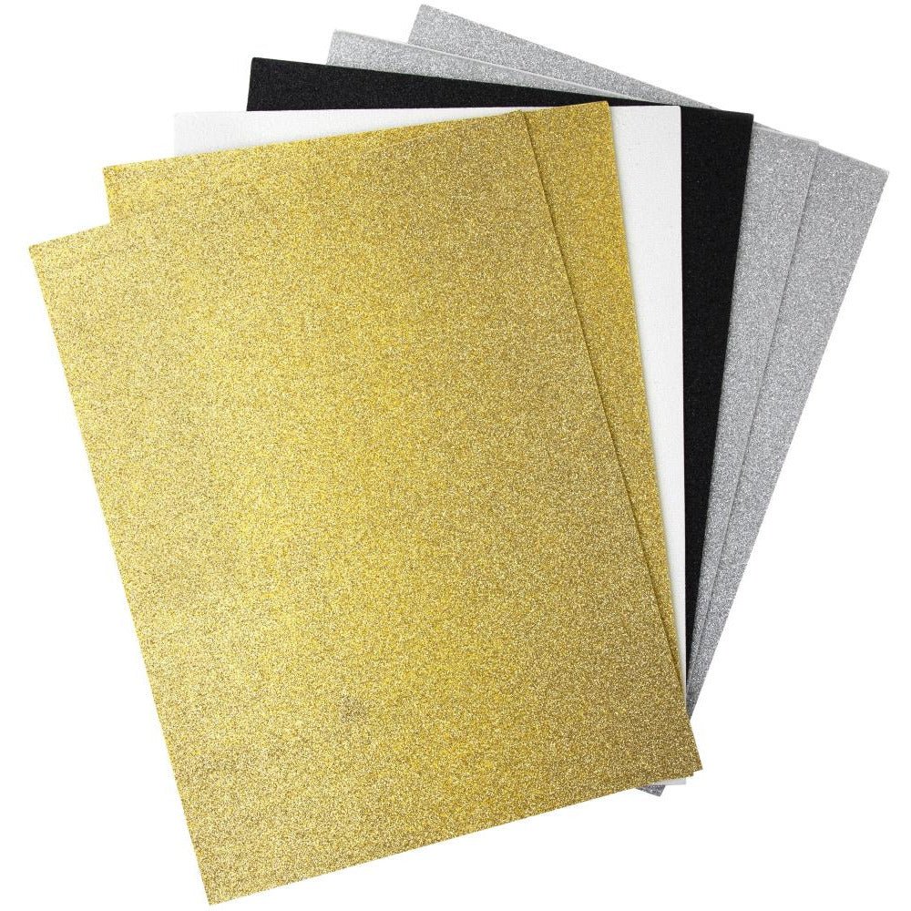 Glitter Sticky Back Foam Sheets 9"X12" 6/Pkg - Silver, Gold, Black & White - Honey Bee Stamps