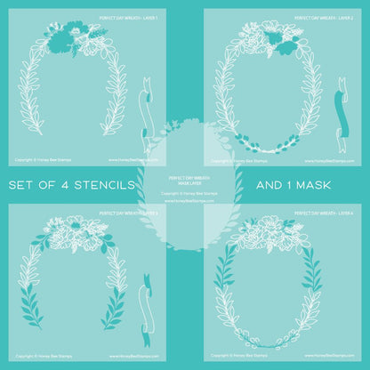 Perfect Day Wreath - Set of 5 - 6"x6" Coordinating Stencils and Mask - Retiring - Honey Bee Stamps