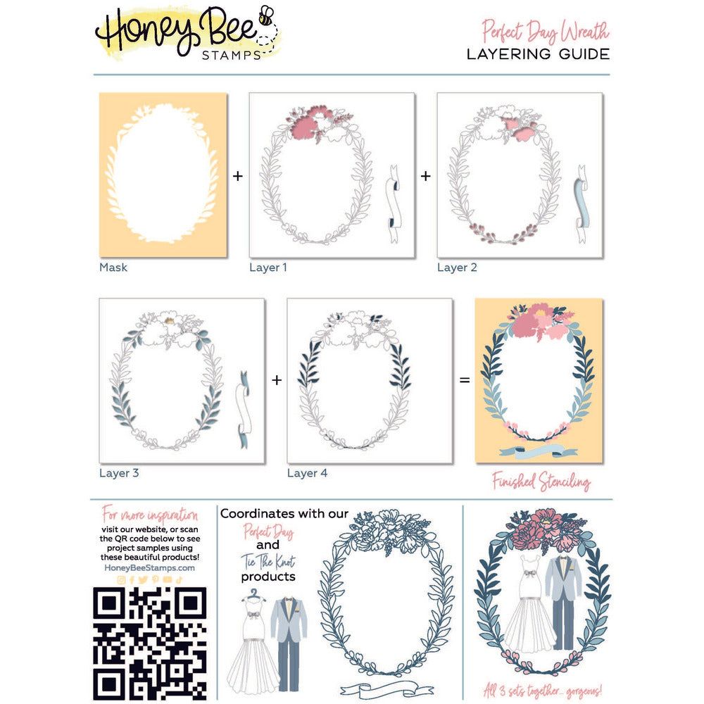Perfect Day Wreath - Set of 5 - 6"x6" Coordinating Stencils and Mask - Retiring - Honey Bee Stamps