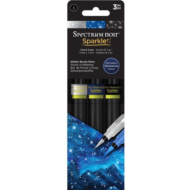Tint & Tone Sparkle Glitter Brush Pens 3/Pkg - Clear, Blue, Black - Honey Bee Stamps